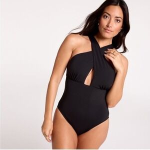 Calia Women's Cutout Halter One Piece Black Size 14 Tummy Control Swimsuit NWT‎